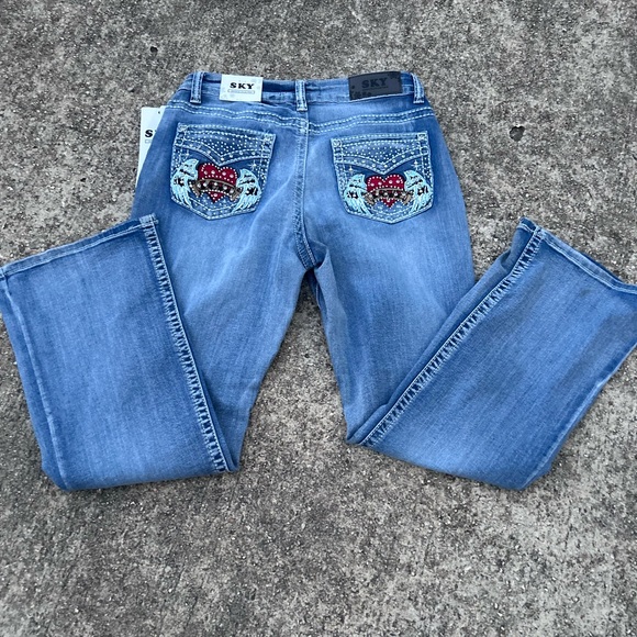 Sky Women's Light Blue Boot Cut Jeans with Red Embroidery and Bling Pockets - Picture 1 of 11